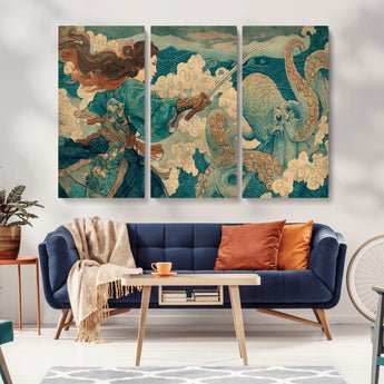 37943964-MGV-CV-36X24-Tsukioka Yoshitoshi Samurai Wall Art Print, Japanese Katana Warrior Canvas Wall Art, Octopus Sea Monster Canvas Print,