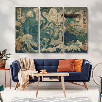 60346622-MGV-CV-36X24-Samurai Warrior vs Octopus Wall Art – Japanese Ukiyo-e Style Ocean Battle Canvas Print, Traditional Samurai Artwork for Living