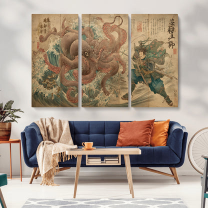 63782167-MGV-CV-36X24-Tsukioka Yoshitoshi Samurai Wall Art Print, Japanese Katana Warrior Canvas Wall Art, Octopus Sea Monster Canvas Print,