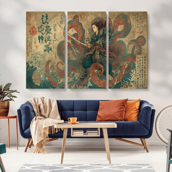 98593115-MGV-CV-36X24-Samurai Warrior vs Octopus Wall Art – Japanese Ukiyo-e Calligraphy Canvas Print, Ocean Battle Scene Artwork for Living Room,