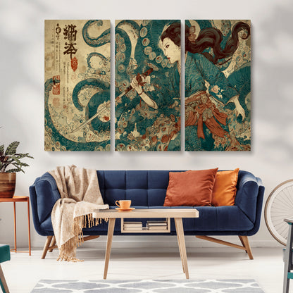 18575670-MGV-CV-36X24-Tsukioka Yoshitoshi Samurai Wall Art Print, Japanese Katana Warrior Canvas Wall Art, Octopus Sea Monster Canvas Print,