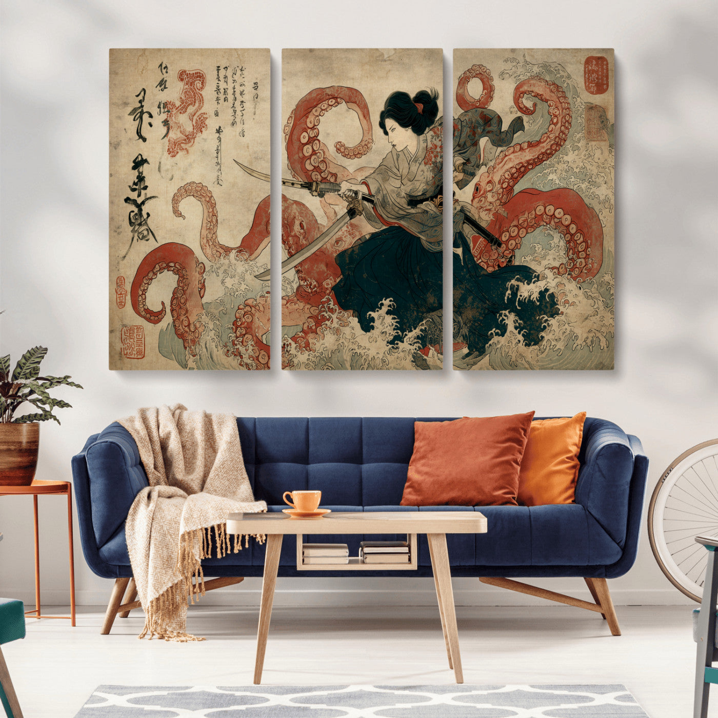 50812504-MGV-CV-36X24-Tsukioka Yoshitoshi Samurai Wall Art Print, Japanese Katana Warrior Canvas Wall Art, Octopus Sea Monster Canvas Print,