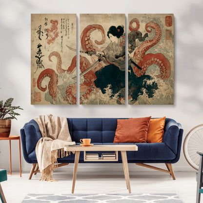 50812504-MGV-CV-36X24-Samurai Woman vs Octopus Wall Art – Japanese Ukiyo-e Red Tentacle Canvas Print, Ocean Battle Artwork for Living Room, Office, Man