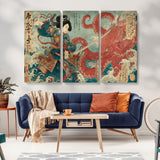 68844327-MGV-CV-36X24-Tsukioka Yoshitoshi Samurai Wall Art Print, Japanese Katana Warrior Canvas Wall Art, Octopus Sea Monster Canvas Print,