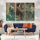 91666601-MGV-CV-36X24-Samurai Woman vs Octopus Wall Art – Japanese Ukiyo-e Green Robe Canvas Print, Ocean Battle Artwork for Living Room, Office, Man