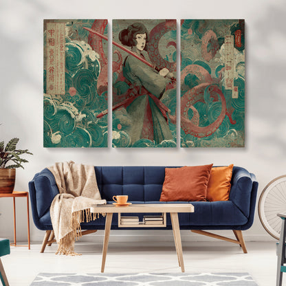 91666601-MGV-CV-36X24-Samurai Woman vs Octopus Wall Art – Japanese Ukiyo-e Green Robe Canvas Print, Ocean Battle Artwork for Living Room, Office, Man