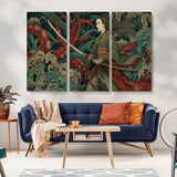 18902796-MGV-CV-36X24-Samurai Woman vs Octopus Wall Art – Japanese Ukiyo-e Green Kimono Canvas Print, Ocean Battle Scene Artwork for Living Room,