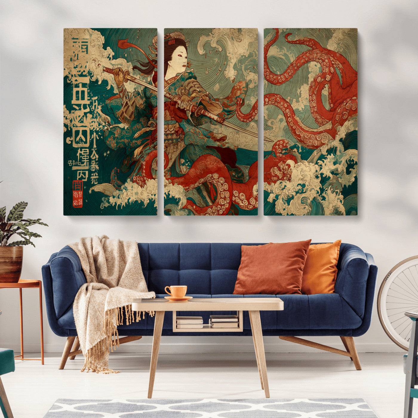 60201267-MGV-CV-36X24-Samurai Woman vs Octopus Wall Art – Japanese Ukiyo-e Armor Canvas Print, Red Tentacle Ocean Battle Artwork for Living Room,