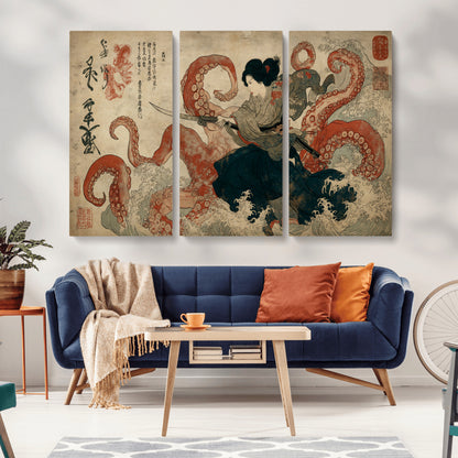 82737246-MGV-CV-36X24-Samurai Woman vs Octopus Wall Art – Japanese Ukiyo-e Dual Sword Canvas Print, Red Tentacle Ocean Battle Artwork for Living Room,