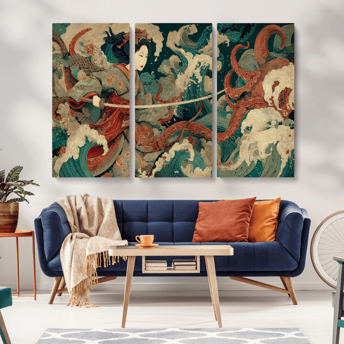 30212982-MGV-CV-36X24-Samurai Woman vs Octopus Wall Art – Japanese Ukiyo-e Style Warrior and Sea Monster Canvas Print, Mythology Inspired Artwork for
