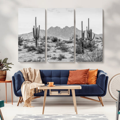 97436PHN-MGV-CV-36X24-Desert Landscape Wall Art – Black and White Cactus and Mountain Canvas Print, Southwestern Nature Photography for Living Room,