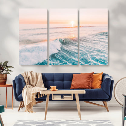 34064591-MGV-CV-36X24-Surfing Wall Art – Sunset Ocean Wave Canvas Print, Surfer Riding Sea Photography Decor for Bedroom, Living Room, Office, Coastal