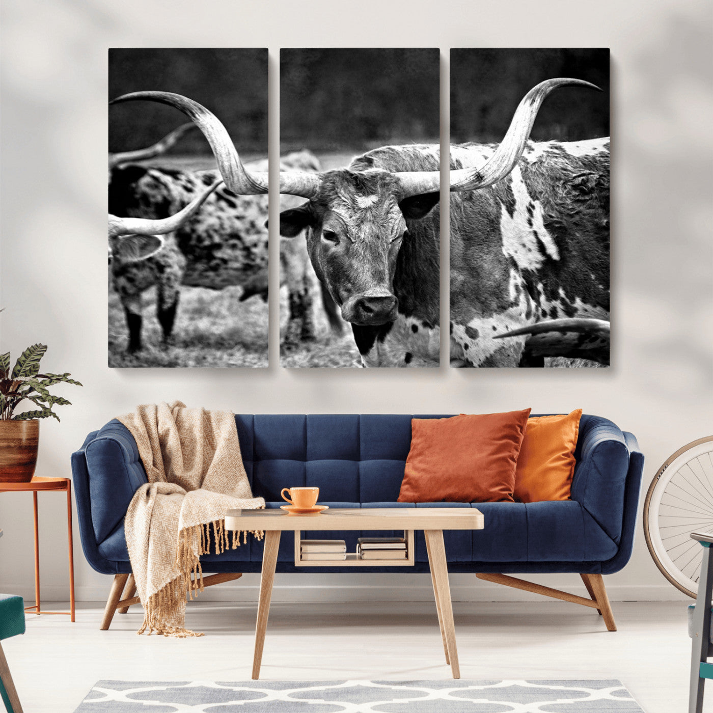 15425553-MGV-CV-36X24-Western Wall Art – Longhorn Cattle Black and White Canvas Print, Rustic Ranch Photography Decor for Bedroom, Living Room, Office,