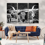 15425553-MGV-CV-36X24-Western Wall Art – Longhorn Cattle Black and White Canvas Print, Rustic Ranch Photography Decor for Bedroom, Living Room, Office,