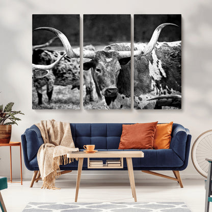15425553-MGV-CV-36X24-Western Wall Art – Longhorn Cattle Black and White Canvas Print, Rustic Ranch Photography Decor for Bedroom, Living Room, Office,