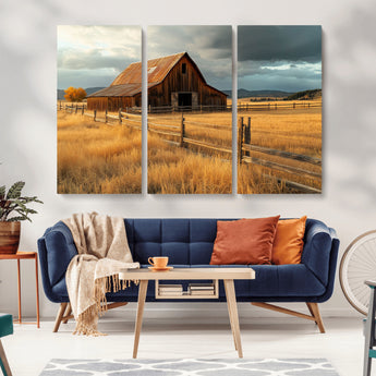 16480179-MGV-CV-36X24-Farmhouse Wall Art – Rustic Barn and Golden Field Canvas Print, Country Landscape Photography Decor for Bedroom, Living Room,
