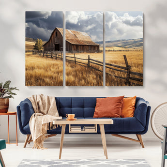 23718739-MGV-CV-36X24-Farmhouse Wall Art – Rustic Barn and Golden Wheat Field Canvas Print, Country Landscape Photography Decor for Bedroom, Living