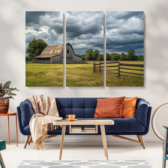 39409517-MGV-CV-36X24-Rustic Barn Wall Art – Weathered Farmhouse and Storm Clouds Canvas Print, Country Landscape Photography Decor for Bedroom, Living