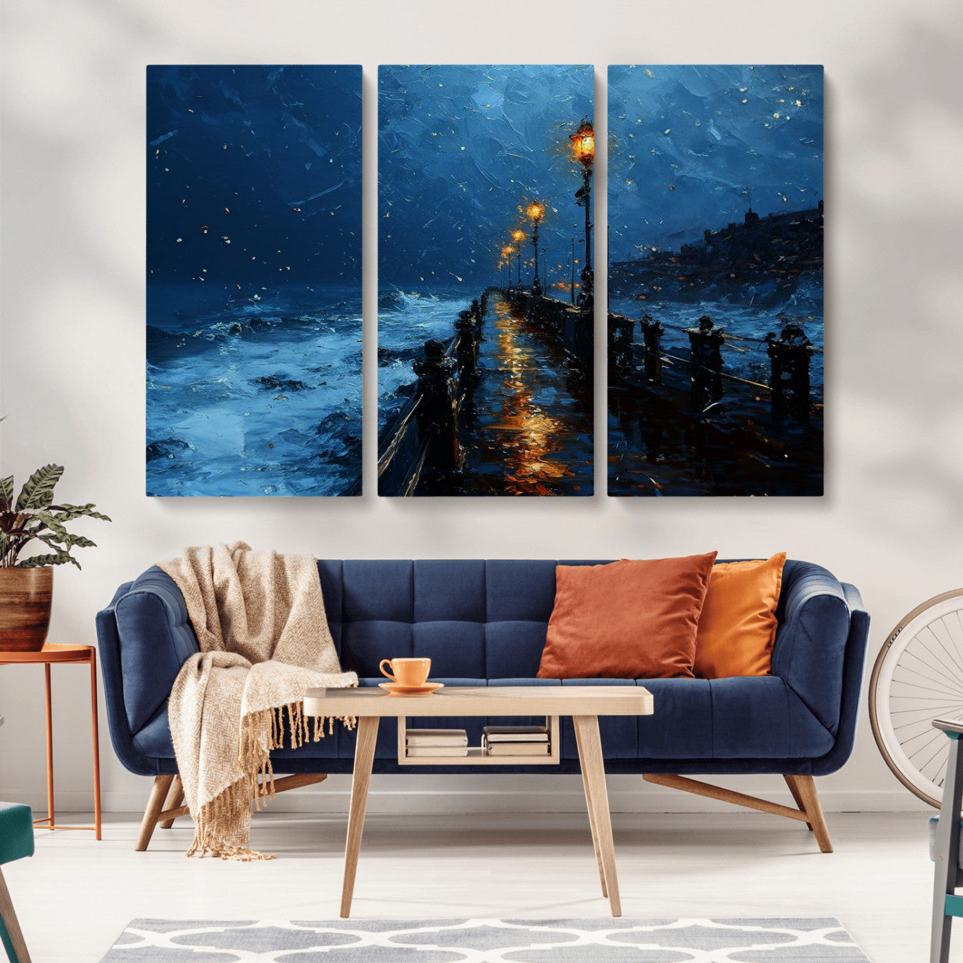 48300530-MGV-CV-36X24-Dark Stormy Pier Canvas Wall Art – Moody Ocean Night Scene with Street Lamps, Blue Coastal Seascape Print for Bedroom, Office, or