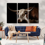 27414857-MGV-CV-36X24-Texas Longhorn Bull Canvas Wall Art – Rustic Western Farmhouse Decor, Brown & White Cow Portrait, Animal Print for Ranch Home