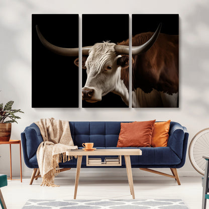 27414857-MGV-CV-36X24-Longhorn Bull Wall Art – Dramatic Western Steer Portrait Canvas Print, Rustic Farmhouse Animal Decor for Living Room, Office, or
