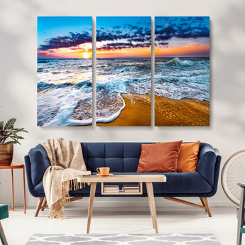 24077769-MGV-CV-36X24-Sunset Beach Wall Art – Ocean Waves Canvas Print, Golden Shoreline Photography Coastal Decor for Living Room, Bedroom, Office,