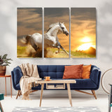 67478480-MGV-CV-36X24-White Horse Running at Sunset Wall Art – Majestic Equestrian Photography Print, Rustic Farmhouse Decor, Golden Sky Horse Lover