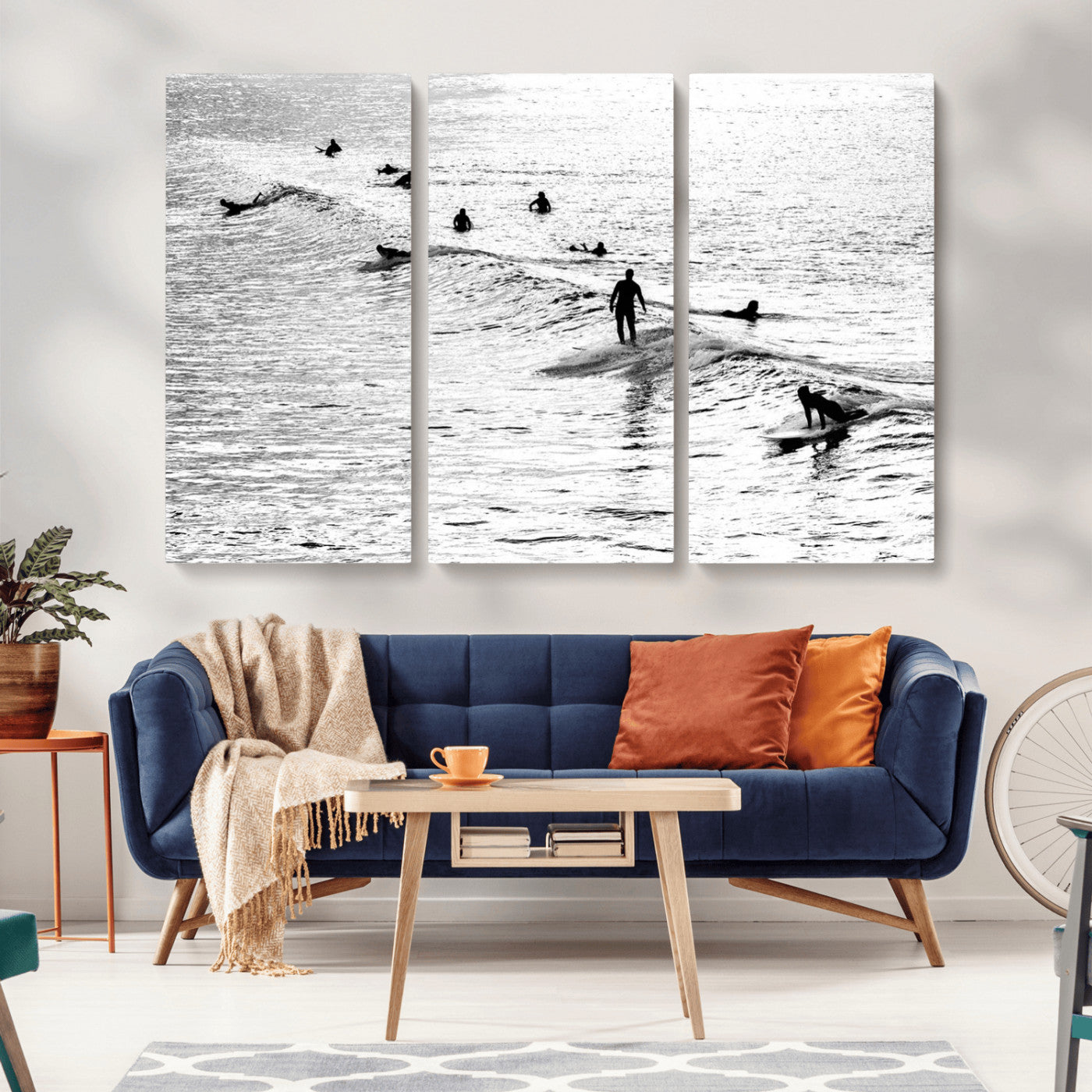 68018616-MGV-CV-36X24-Black and White Surf Photography Print – Minimalist Ocean Wall Art, Surfers Riding Waves, Coastal Beach Decor for Modern Home or