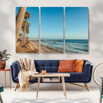92568259-MGV-CV-36X24-California Beach Wall Art – Palm Tree Pier Canvas Print, Coastal Ocean Photography Seaside Decor for Living Room, Bedroom, Office,