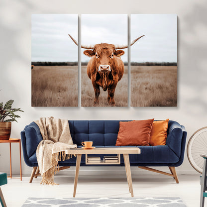 16316734-MGV-CV-36X24-Texas Longhorn Wall Art – Rustic Bull Portrait Canvas Print, Western Farmhouse Animal Photography Decor for Living Room, Office,