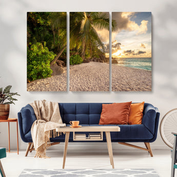 89531159-MGV-CV-36X24-Tropical Beach Sunset Canvas Wall Art – Palm Trees Golden Sand Ocean Waves Coastal Paradise Print for Beach House Bedroom Bathroom