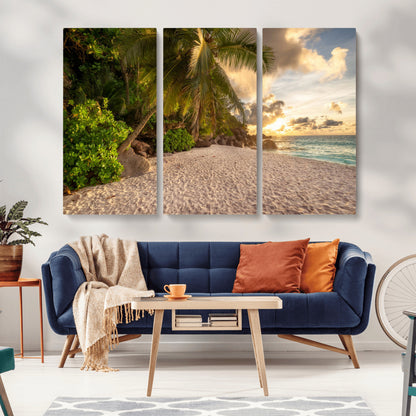 89531159-MGV-CV-36X24-Tropical Beach Sunset Canvas Wall Art – Palm Trees Golden Sand Ocean Waves Coastal Paradise Print for Beach House Bedroom Bathroom