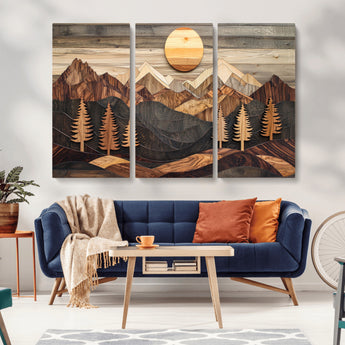 90044381-MGV-CV-36X24-Rustic Wall Art – Wooden Mountain Landscape with Sun and Pine Trees, Handcrafted Nature Canvas Style Decor for Bedroom, Living