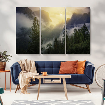38316884-MGV-CV-36X24-Landscape Wall Art – Misty Mountain Valley Canvas Print, Scenic Pine Forest and Sunrise Photography Decor for Bedroom, Living