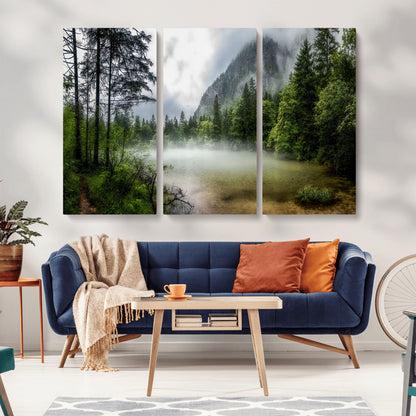 93123937-MGV-CV-36X24-Landscape Wall Art – Misty Mountain Lake Canvas Print, Tranquil Forest and Waterfall Photography Decor for Bedroom, Living Room,