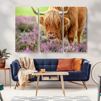 64069351-MGV-CV-36X24-Farmhouse Wall Art – Highland Cow in Wildflowers Canvas Print, Rustic Country Cattle Photography Decor for Bedroom, Living Room,