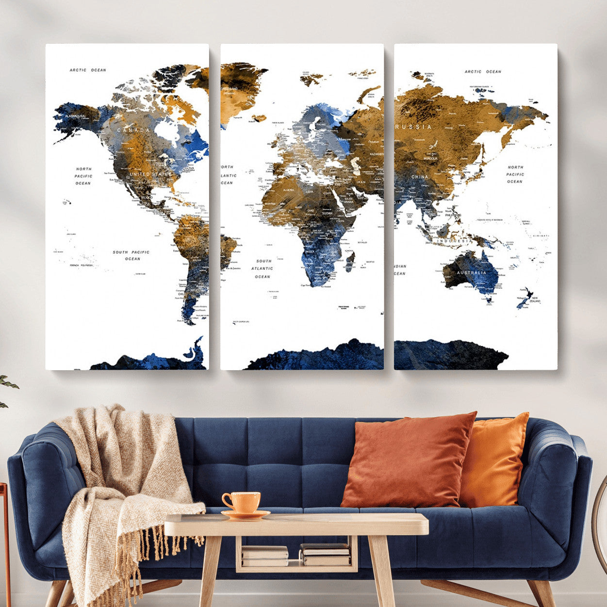 MGV-CV-48X32-3P - World Map Wall Art Canvas Print, Framed Blue Gold Map Art Picture Print, Rustic Atlas Perfect Rustic Modern Decor Artwork