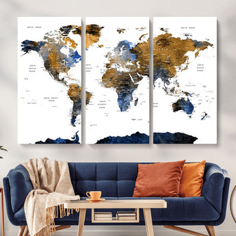 MGV-CV-48X32-3P - World Map Wall Art Canvas Print, Framed Blue Gold Map Art Picture Print, Rustic Atlas Perfect Rustic Modern Decor Artwork