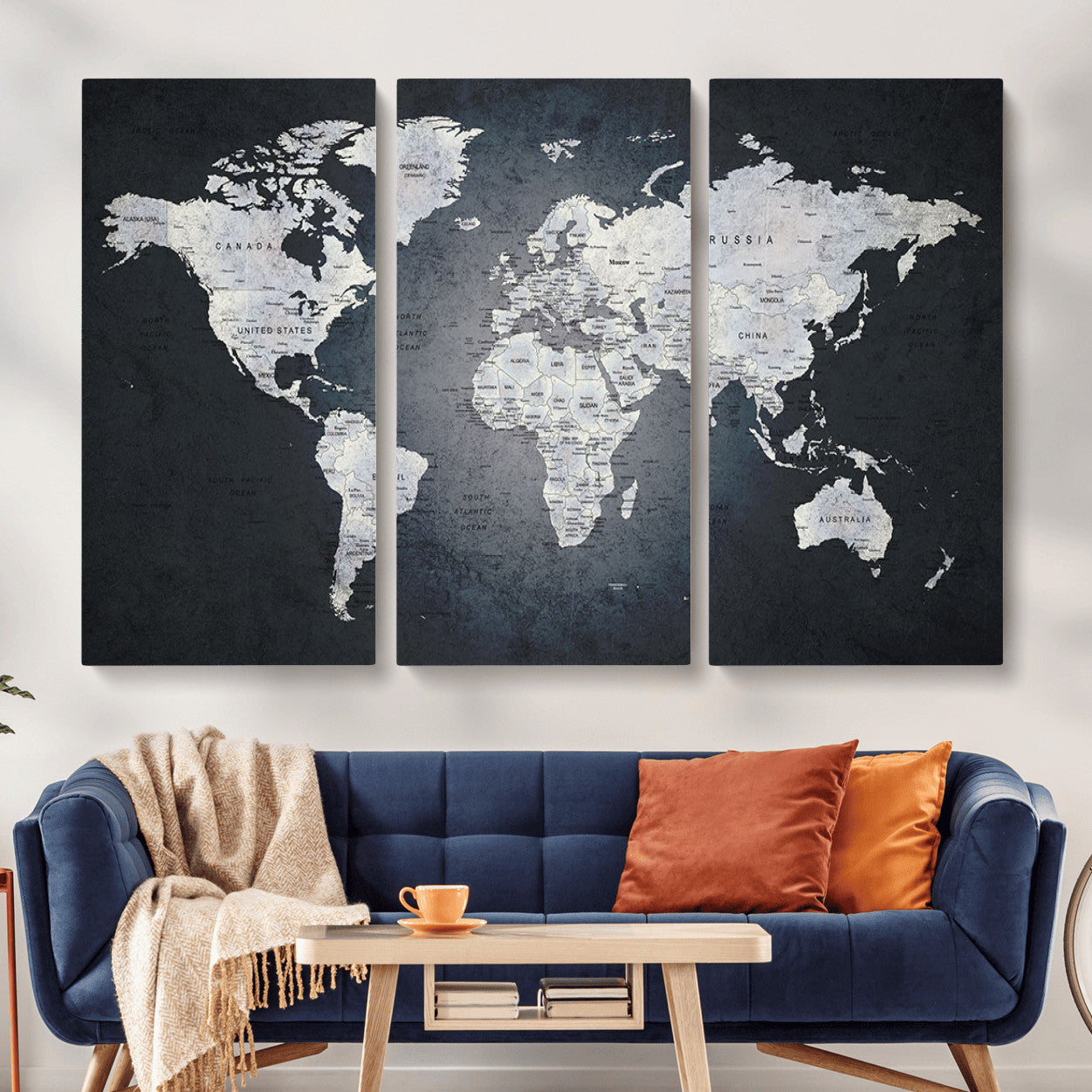 MGV-CV-48X32-3P - Monochrome World Map Wall Art Canvas Print, Framed Minimalist Map Art Picture Print, Modern Atlas Perfect Modern Minimalist Decor Artwork