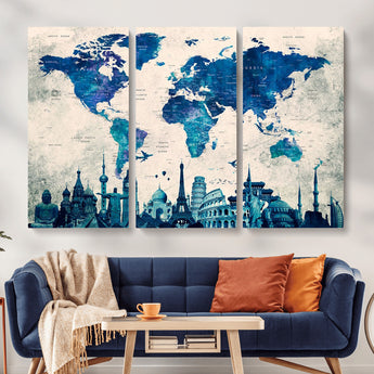 MGV-CV-48X32-3P - Blue World Map Wall Art Canvas Print, Framed Iconic Landmarks Art Picture Print, Blue Globe Map Perfect Elegant Explorer Decor Artwork