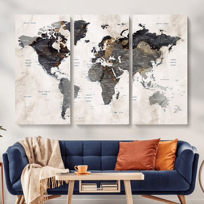 MGV-CV-48X32-3P - World Map Wall Art Canvas Print, Framed Rustic Map Art Picture Print, Antique Map Perfect Rustic Explorer Decor Artwork