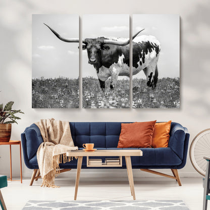 83785-MGV-CV-36X24-Texas Longhorn Wall Art Canvas Print, Framed Horned Bull Art Picture Print, Monochrome Cattle Perfect Rustic Western Decor Artwork