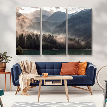 64758-MGV-CV-36X24-Misty Mountains Wall Art Canvas Print, Framed Moody Pines Art Picture Print, Forest Lake Perfect Moody Alpine Decor Artwork