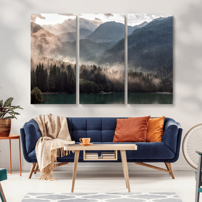 64758-MGV-CV-36X24-Misty Mountains Wall Art Canvas Print, Framed Moody Pines Art Picture Print, Forest Lake Perfect Moody Alpine Decor Artwork