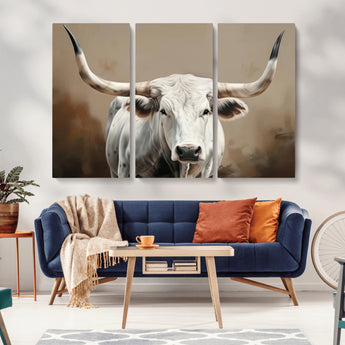 63550-MGV-CV-36X24-Texas Longhorn Wall Art Canvas Print, Framed White Bull Art Picture Print, Horned Cattle Perfect Rustic Western Decor Artwork