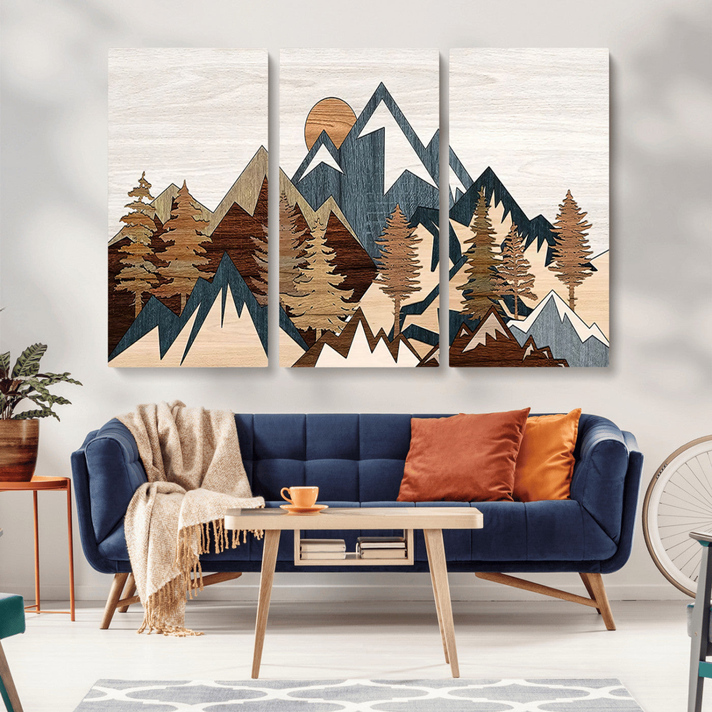 80300-MGV-CV-36X24-Geometric Mountains Wall Art Canvas Print, Framed Stylized Trees Art Picture Print, Graphic Forest Perfect Rustic Abstract Decor