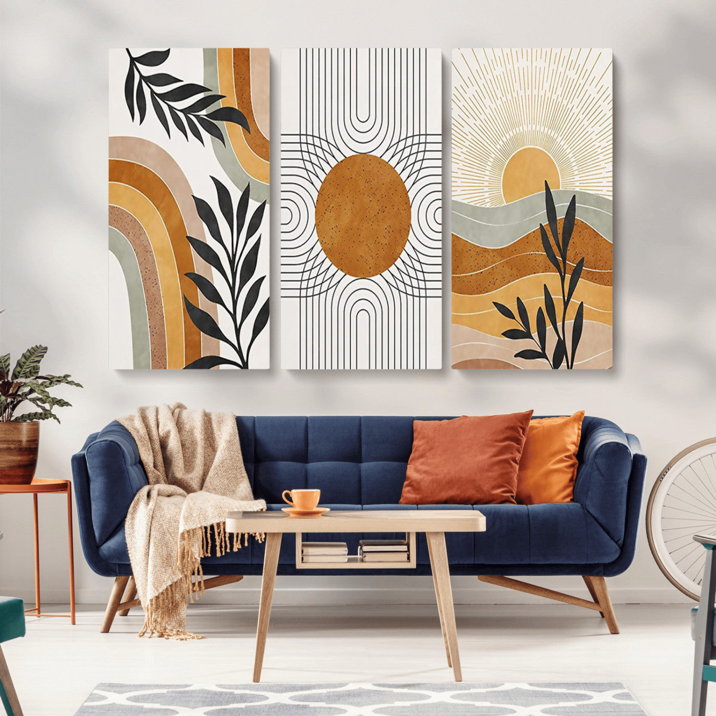 32359-MGV-CV-36X24-Modern Sun Wall Art Canvas Print, Framed Retro Horizon Art Picture Print, Sunburst Design Perfect Mid Century Boho Decor Artwork