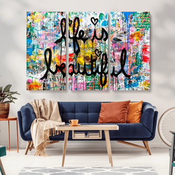 36856-MGV-CV-36X24-Life Is Beautiful Wall Art – Colorful Graffiti Canvas Print, Modern Street Style Artwork, Inspirational Decor for Living Room,