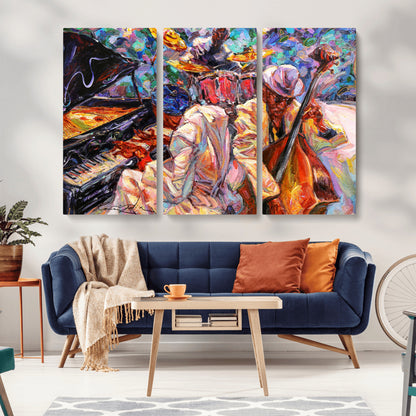 13675-MGV-CV-36X24-Jazz Band Wall Art Canvas Print, Framed Jazz Oil Painting Art Picture Print, Vibrant Music Perfect Abstract Musical Decor Artwork