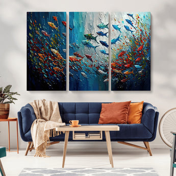 89626-MGV-CV-36X24-Fish Swarm Wall Art Canvas Print, Framed Abstract Ocean Art Picture Print, Underwater Life Perfect Vibrant Coastal Decor Artwork